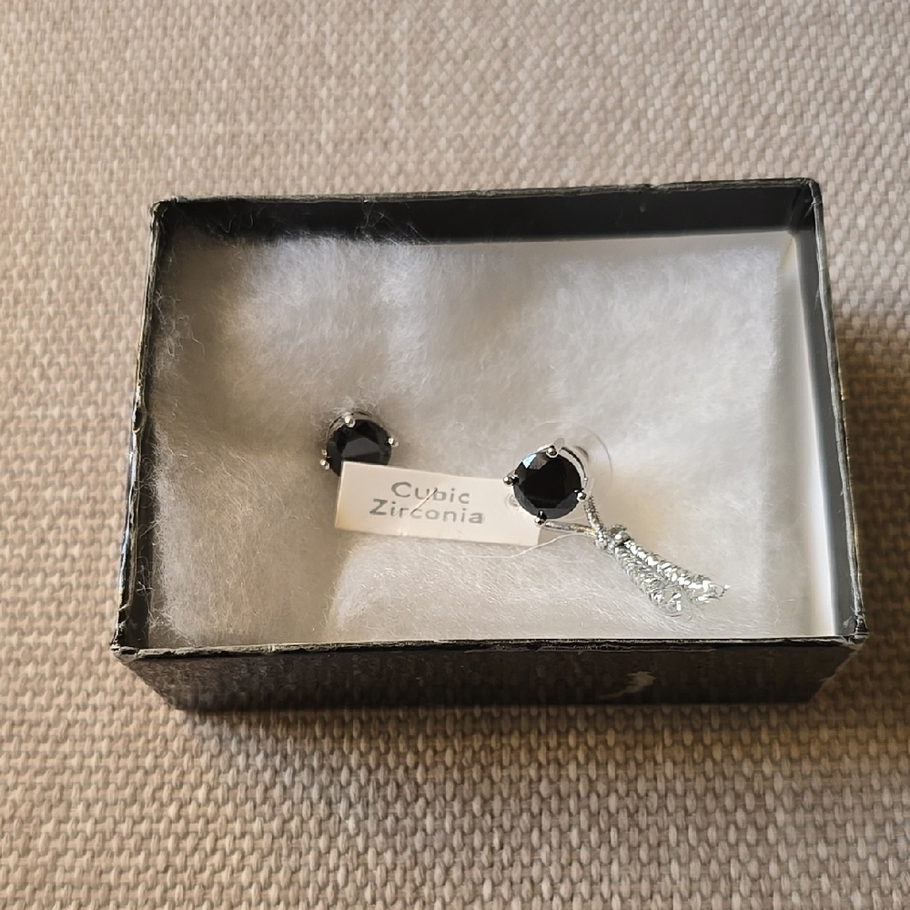 Cubic Zirconia Black Stud Earrings In Silver Tone Setting